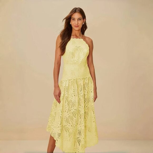 NWOT Farm Rio Embroidered Eyelet A-Line Asymmetry Beads Midi Dress Size M Cotton - Picture 1 of 16